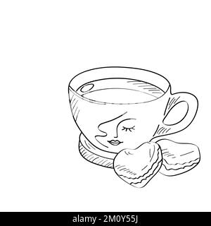 Une tasse de thé ou de café avec des macarons. Illustration vectorielle de style dessiné à la main. Illustration de Vecteur