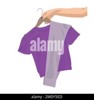 Main de femme tenant des vêtements sur un cintre. Illustration vectorielle dans le style d'esquisse. Illustration de Vecteur