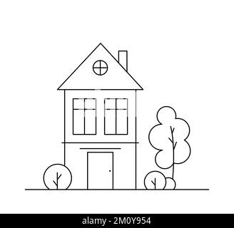 Illustration vectorielle de dessin au trait avec une maison et un arbre. Quartier. Illustration de Vecteur