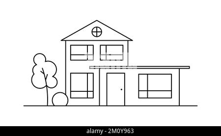 Illustration de quartier vectorielle d'art de ligne avec une maison et un arbre. Illustration de Vecteur