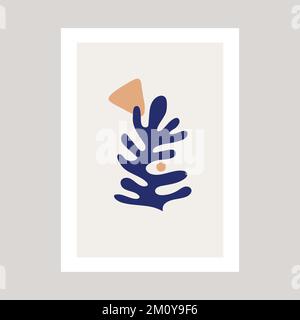 Une affiche abstraite de couleur bleue et jaune avec des formes de corail marin et d'abrtact dessinant dans le style Henry Matisse. Illustration de Vecteur
