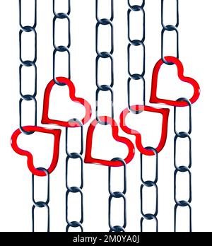 Les coeurs et les chaînes sont représentés sur une image d'arrière-plan représentant une illustration de 3 jours. Les cœurs représentent l'amour et la chaîne signifie enfermé et fixé ou confin Banque D'Images