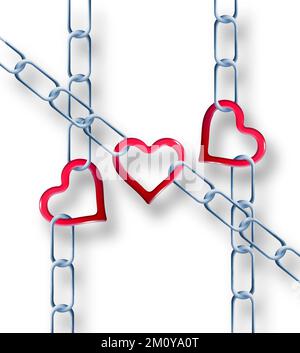 Les coeurs et les chaînes sont représentés sur une image d'arrière-plan représentant une illustration de 3 jours. Les cœurs représentent l'amour et la chaîne signifie enfermé et fixé ou confin Banque D'Images