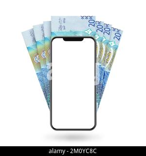 3d Illustration de notes de dinar koweïtien derrière le téléphone portable Banque D'Images