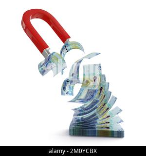 Rendu 3D de l'aimant Horseshoe attirant des notes de dinar koweïtien isolé sur fond blanc. Concept d'attraction d'argent. Stratégie pour un busi réussi Banque D'Images