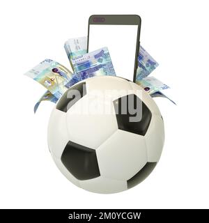 Rendu 3d des notes de dinar koweïtien et téléphone derrière le ballon de football. Paris sportifs, concept de Paris de football isolé sur fond blanc. maquette Banque D'Images