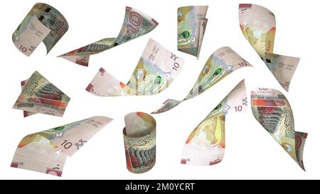 Rendu 3D de 10 notes de dinars koweïtiens volant dans différents angles et orientations isolés sur fond blanc Banque D'Images