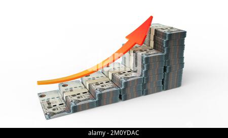 Signe de croissance financière fait de piles de billets de riyal saoudien. Rendu 3D de l'argent organisé sous la forme d'un graphique à barres isolé sur fond blanc Banque D'Images