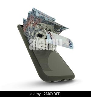 Rendu 3D de notes de Riyal saoudien à l'intérieur d'un téléphone portable Banque D'Images