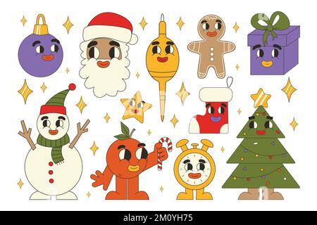 Des autocollants de Noël tout en forme. Père Noël, sapin de Noël, cadeaux, pain d'épice dans un style de dessin animé rétro tendance. Personnages et éléments de dessins animés Illustration de Vecteur