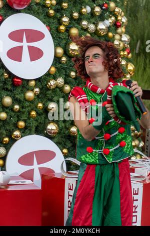 orf de noël devant un arbre de noël avec des cadeaux, mexique Banque D'Images