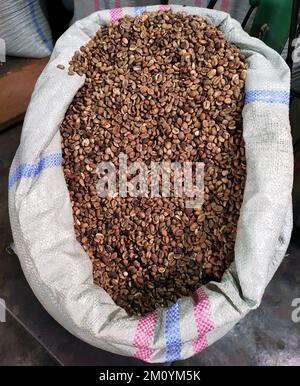 vue de dessus des grains de café secs dans un sac Banque D'Images