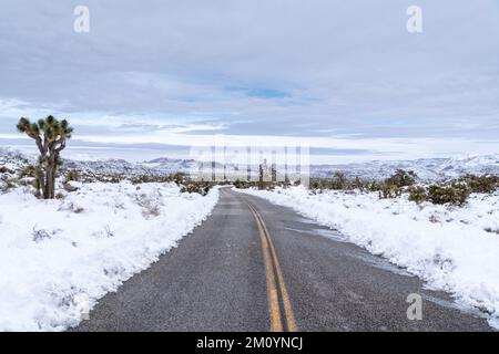 La route se déforme à travers un paysage hivernal de désert enneigé dans le parc national de Joshua Tree, en Californie Banque D'Images