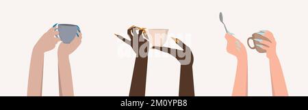 Illustration vectorielle des mains avec du café et des tasses à thé. Main féminine diverse tenant différentes tasses et mugs. Caféine concept Illustration isolée Illustration de Vecteur