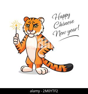 Dessin animé vectoriel Tiger. Personnage, mascotte, symbole, signe du nouvel an chinois. Tiger tient dans la main sparkler. Bonne année. Nouvel an lunaire Illustration de Vecteur