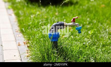 Robinet dans un parc pour ajuster le tuyau d'eau sur celui-ci pour hydrater l'herbe verte dans le parc public. Robinet d'eau chromé en arrière-plan Banque D'Images