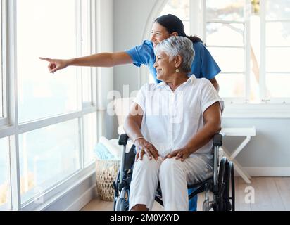 Vous voyez ça. Portrait court d'une femme âgée attrayante et de son infirmière féminine dans la maison de la vieillesse. Banque D'Images