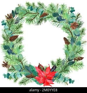 Aquarelle de Noël rustique cadre Clipart. Arbre de Noël, Bells & Pine Cones, eucalyptus Winter Border isolé, verdure fond dans le minimalisme Banque D'Images