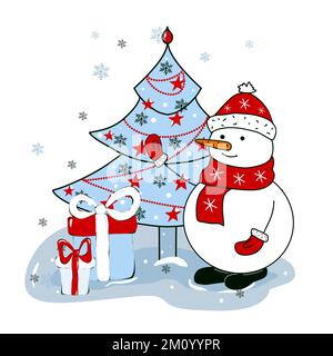 Bonhomme de neige avec un arbre de Noël et des cadeaux. Modèle pour carte de Noël ou modèle d'invitation. Illustration, conception plate Banque D'Images