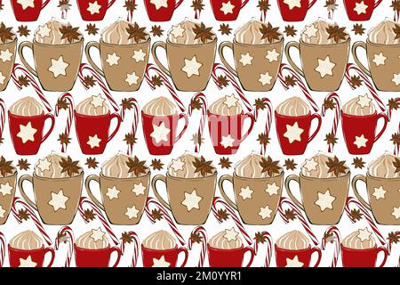 Motif de Noël sans couture, tasses de café et friandises. illustration dessinée à la main. Banque D'Images