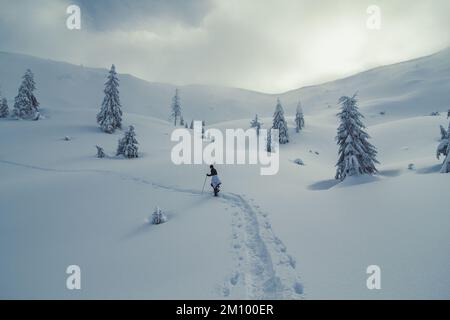 Voyageur solitaire se déplaçant à travers la neige paysage photo Banque D'Images