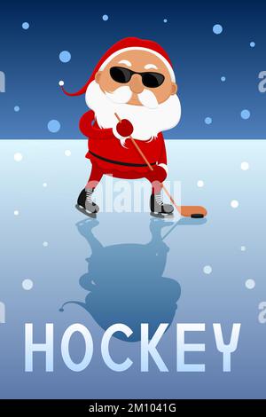 Affiche de hockey sur glace. Santa en lunettes de soleil. Illustration vectorielle. Illustration de Vecteur