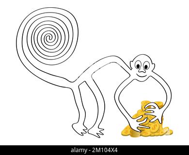 Singe avec une pile de pièces d'or - une paraphrase du célèbre geoglyphe le singe de Nazca, désert de Nazca, Pérou Banque D'Images