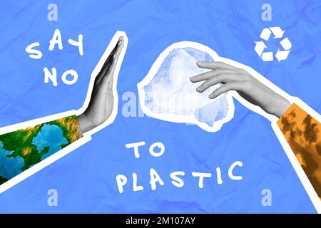 Collage 3D image de pinup pop rétro croquis des mains demandant dire non aux sacs en plastique peinture isolée arrière-plan Banque D'Images