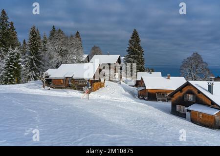 Holzhaus, Ferienhaus am Waldrand auf dem Hügel im ersten Schnee, verschneite Landschaft mit weißen Wiesen und Bäumen. Avent und Weihnachtszeit Ferien Banque D'Images