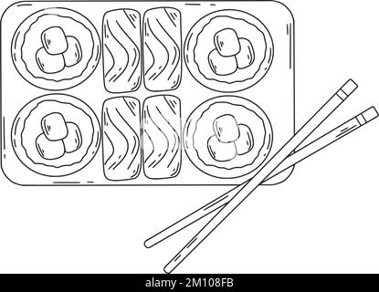 Illustration des sushis et des baguettes. Plat traditionnel japonais avec riz poisson légumes objet isolé. Faites une esquisse à l'encre sur la portion des rouleaux à sushis Illustration de Vecteur