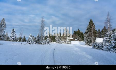 Holzhaus, Ferienhaus am Waldrand auf dem Hügel im ersten Schnee, verschneite Landschaft mit weißen Wiesen und Bäumen. Avent und Weihnachtszeit Ferien Banque D'Images