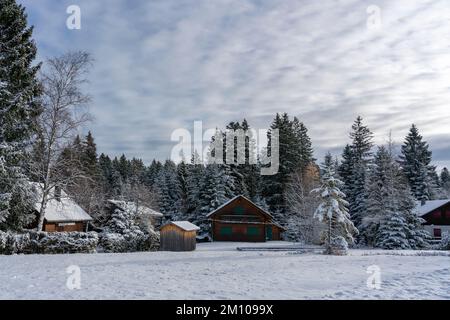 Holzhaus, Ferienhaus am Waldrand auf dem Hügel im ersten Schnee, verschneite Landschaft mit weißen Wiesen und Bäumen. Avent und Weihnachtszeit Ferien Banque D'Images