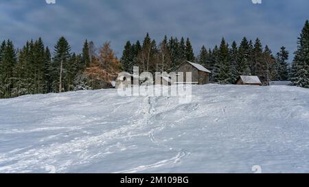 Holzhaus, Ferienhaus am Waldrand auf dem Hügel im ersten Schnee, verschneite Landschaft mit weißen Wiesen und Bäumen. Avent und Weihnachtszeit Ferien Banque D'Images