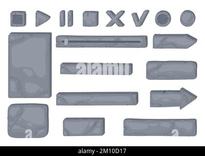 Plaques de pierre, planches, bannières pour jeux. Ensemble d'éléments de conception de l'interface graphique. Roche, panneaux métalliques, boutons, clés, cadres, flèches, objets pour la navigation. Plat Illustration de Vecteur