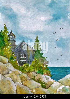 Aquarelle.Une maison sur les falaises, un phare et des arbres. Banque D'Images