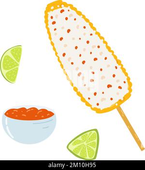 Plat ELOT de style dessin animé. Cuisine mexicaine traditionnelle, cuisine populaire. Illustration vectorielle dessinée à la main de maïs grillé aux épices. Illustration de Vecteur