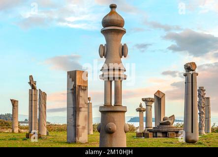 Parc de sculptures Campo del Sole à Tuoro sul Trasimeno sur les rives du lac Trasimeno, Ombrie, Italie, pour commémorer la bataille d'Hannibal Banque D'Images