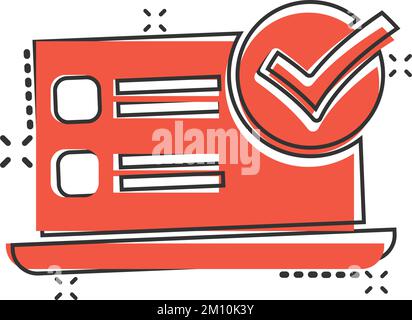Icône de coche de l'ordinateur portable en style comique. Illustration vectorielle de dessin animé d'approbation d'ordinateur sur fond blanc isolé. Confirmer l'effet de destruction du con. Commercial Illustration de Vecteur