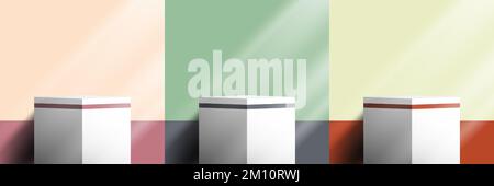 Ensemble de 3D podiums réalistes plate-forme socle présentoir en forme de cube avec éclairage sur couleurs pastels arrière-plan style minimal. Salle de studio abstraite e Illustration de Vecteur