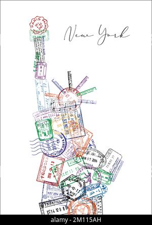 La statue de la liberté faite à partir d'un passeport estampille différents pays avec le lettrage New York poster Illustration de Vecteur