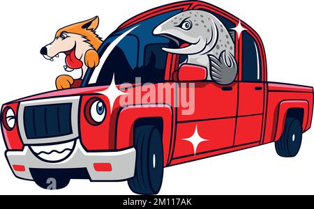 Un saumon et un chien conduisant une voiture amusante Illustration de Vecteur