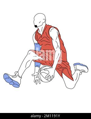 Illustration vectorielle avec un joueur de basket-ball masculin en mouvement, sautant avec le ballon, marquant un but sur fond blanc Illustration de Vecteur