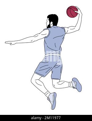 Image de côté d'un ballon de basket-ball masculin jouant en mouvement, sautant et jetant le ballon en saut sur fond blanc. Illustration vectorielle Illustration de Vecteur