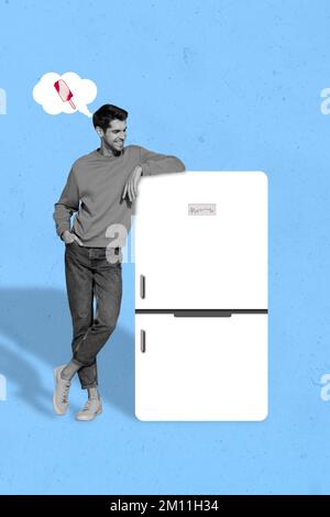 Image de collage vertical de gai positif noir blanc gamma guy look réfrigérateur penser rêve glace isolée sur fond peint Banque D'Images