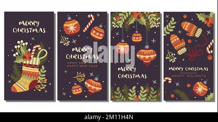 ensemble de bannières verticales noires de noël avec des éléments de nouvel an dans des motifs d'histoire dessin à la main illustration vecteur Illustration de Vecteur