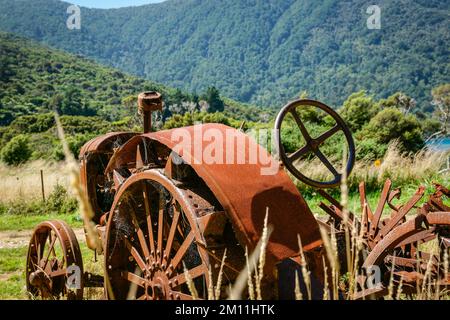 Tracteur agricole d'époque déserté et rouillé en défrichement dans le Bush et la montagne du sud de l'île. Banque D'Images