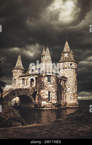 L'ancienne Maison de puissance du château de Boldt par une journée nuageux à Thousand Islands, New York, États-Unis Banque D'Images