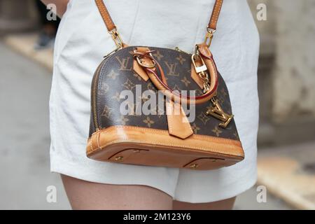 Femme Avec Le Sac Noir De Louis Vuitton Avec Le Logo D'or Et Veste Brune  Avant Mode De Milan Fashion Show Gucci Photographie éditorial - Image du  mode, coloré: 194554907