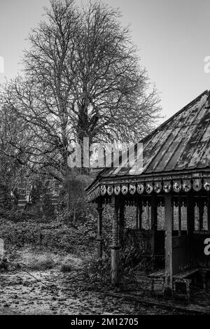 Hôpital psychiatrique de Whitchurch, bâtiment classé de grade II abandonné laissé à la pourriture. Pagode édouardienne pour les patients négligés.Photographie noir et blanc. Banque D'Images