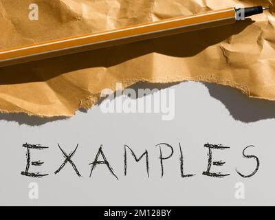 Légende de texte présentant des exemples. Exemple de modèle de photo d'idée d'entreprise à suivre Guide Explication par exemple Banque D'Images